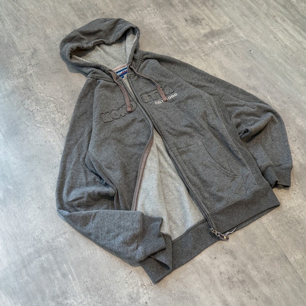 Y2K 2000's 00's Mondetta Sports Grey Waffle Lined Full Zip Hoodie Sweatshirt